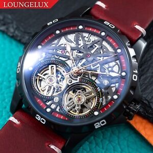 Mens Black Double Flywheel Automatic Mechanical Watch Oil Waxed Dark Red Leather
