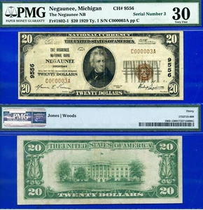 1929 $20 National Bank Negaunee, Michigan CH# 9556 PMG 30 Top Pop Low Serial #3 - Picture 1 of 6