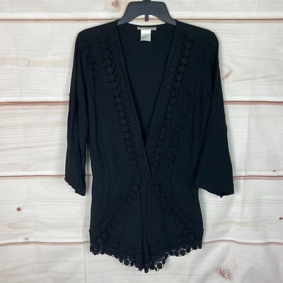 La Blanca Romper Womens S Black Coverup Crochet Trim V-Neck 3/4 Sleeve Woven — 第 1/4 张图片