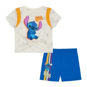 Disney Stitch Niñas Cuello Redondo Manga Corta Gráfico Camiseta y Pantalones Cortos Conjunto NUEVO - Imagen 1 de 8