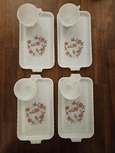 8 VTG Pink Fire King Fleurette Milk Glass Snack Tray Plate Cup Set Lot Floral - Picture 1 of 10