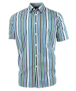 Viyella Cotton Blue & Green Satin Stripe Classic Fit Short Sleeve Shirt - Picture 1 of 1