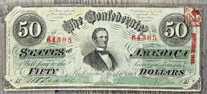 1863 $50 T 57 Confederate Paper Money, Red Tree of Life Stamp, Red Serial Number - Picture 1 of 5