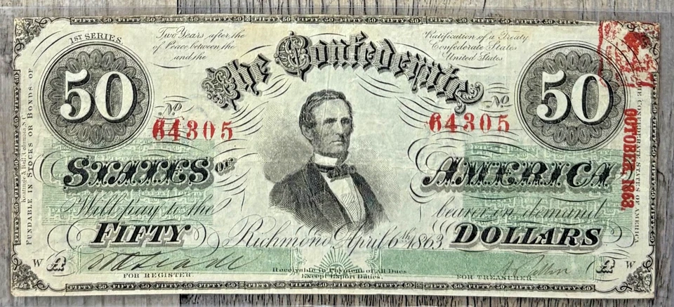 1863 $50 T 57 Confederate Paper Money, Red Tree of Life Stamp, Red Serial Number - Image 1 of 4