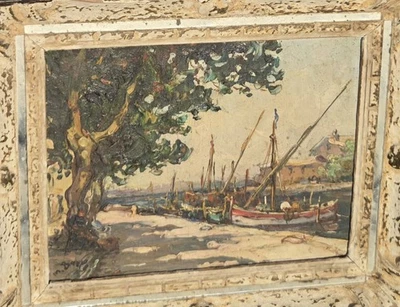 Maurice BARLE (1903-1961) "Bateaux amarrés" Peinture Huile sur panneau signée - Photo 1/4