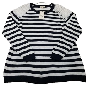 NUOVO Maglione Mezzaluna Donna 2X Plus Blu Bianco Rigato Manica Lunga Maglia Elasticizzata - Foto 1 di 10