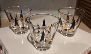 Anchor Hocking Golden Peaks Atomic Arrow Whiskey Glass MCM Black Gold Set Of 3 - Picture 1 of 9