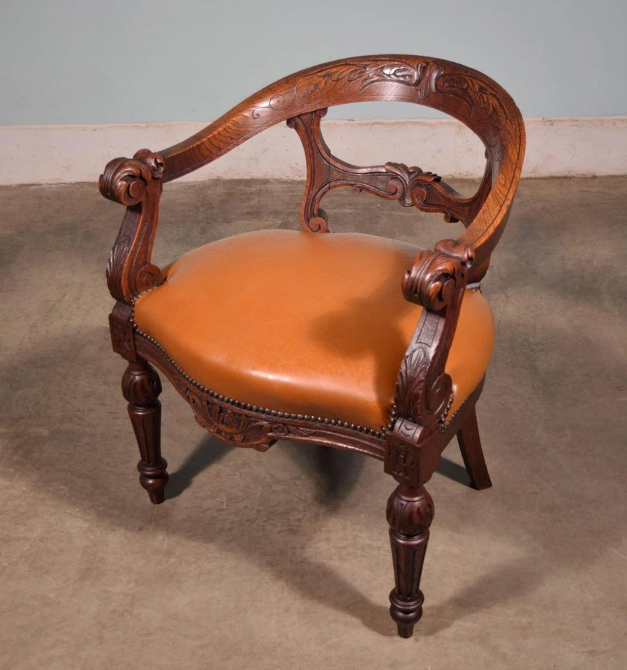 French Antique Renaissance Revival Oak & Leather Arm Chair Carved Wood - Image 1 of 4
