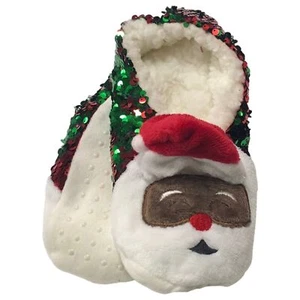Womens Green & Red Flip Sequin BlackSanta Christmas Holiday Slippers S/M (5-7) - Picture 1 of 2