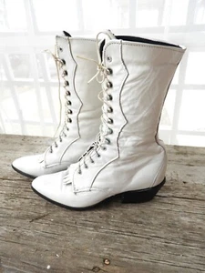 1980's Loredo Leather White Victorian Style Prairie Boots Speed Lace Pointed 5M - Picture 1 of 9