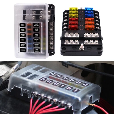 12 Way Car Auto Boat Bus UTV Blade Fuse Box ATO ATC Block Holder Cover 12V + LED - Image 1 of 4
