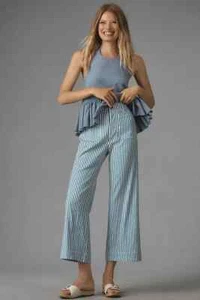 Anthropologie Colette Crop Linen Pants Wide Leg Maeve Blue Stripe Size 29 NEW - Picture 1 of 9