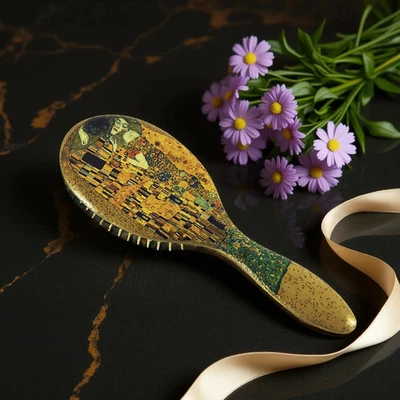 Personalized Bamboo Hairbrush, Gustav Klimt Kiss, Handmade Gift - Image 1 of 4