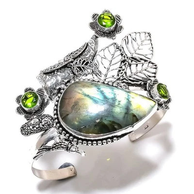 Labradorite, Peridot Gemstone 925 Sterling Silver Cuff Bangle Adjustable h994 - Image 1 of 3