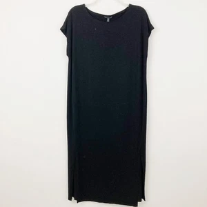 Eileen Fisher Black Midi T-shirt Dress Size L Double Slit Shift Casual Lagenlook - Picture 1 of 8
