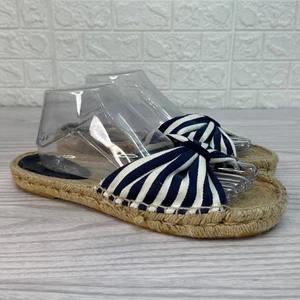 Nine West Slide Sandals SZ 10B Flat Espadrille Slip On Black White Striped Open - Picture 1 of 9