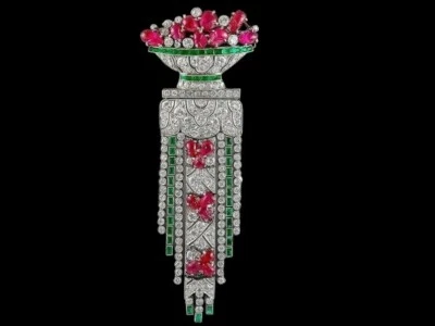 Beautiful Flower Pot Design 7.30 TCW Round Cut Rubies, Emerald & Sapphire Brooch - Image 1 of 4