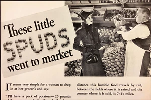 Pubblicità stampa d'epoca 1938 ferrovie americane Little Spuds and to market - Foto 1 di 2