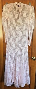 Vtg Sz 8 Pink Long Lace Beaded Shoulder Appliqué Long Sleeve 70s Country Dress U - Picture 1 of 12