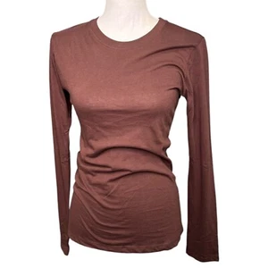 Basic Top Crew Neck Slimming Cotton Long Sleeve Tissue Brown Large - Picture 1 of 6