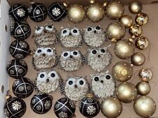 Owl Theme Christmas Tree Ornaments Coordinating Black Gold Glitter Feathers Trim