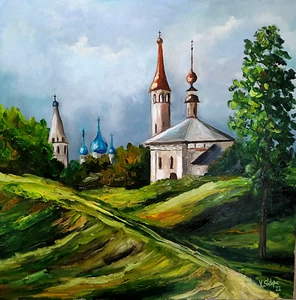 Original Oil Painting Landscape Original Art Church Impressionism 28x28 inches - Picture 1 of 7