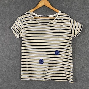 Silent Theory Shirt Womens 10 Blue Grey White Top Striped Crew Neck Sleeves - Picture 1 of 11