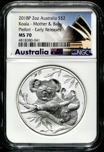 2018-P $2 Australia 2oz Silver Koala - NGC MS 70 - Piefort Early Releases BS98 - Picture 1 of 2