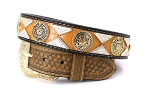 Pantalones de cinturón Western Belt marrón cinturón dorado plata concho 34 Cinto Vaquero - Imagen 1 de 10