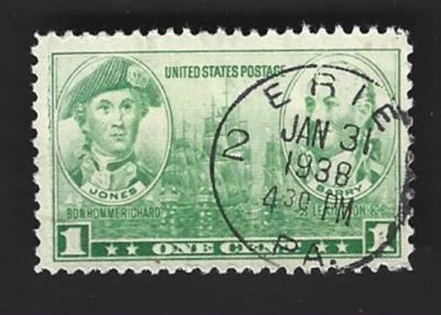 Sc#790 1c Jones & Barry ~ Navy War Heroes - 1938 ERIE PA. CDS cancel (B-1) fold - Image 1 of 2