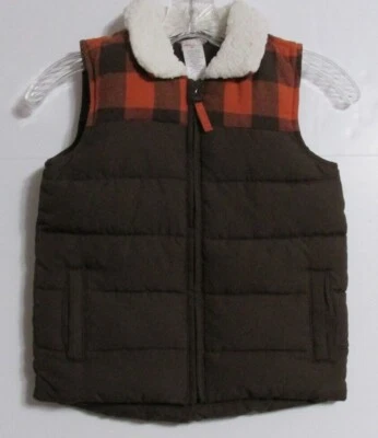 Chaleco acolchado con cuello de sherpa a cuadros marrón/naranja Gymboree para niños Foto 1 de 4