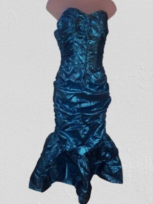 Vintage 80s Gunne Sax Aqua Blue Metallic Mermaid Glam Rock Party Prom Dress S/M - Image 1 of 4