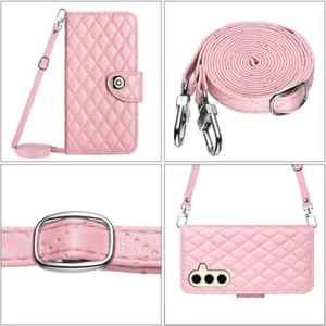 Crossbody Wallet Grid Leather Phone Case for Samsung S24 S23 S22 A14 A54 A25 A15 - Picture 1 of 15