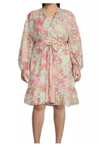 Alex Marie Simone 22W Pink Teal Floral Long Sleeve Tiered Dress Vneck $178 - Picture 1 of 13