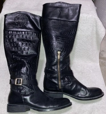 Vince Camuto Flavian Black Leather Croc Pattern Tall Riding Boots Buckle Sz 8.5B - Image 1 of 4