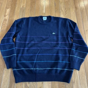 Lacoste Round Neck Logo Alligator Sweater Navy Multi-Colored Stripe Mens Sz 7 XL - Picture 1 of 6