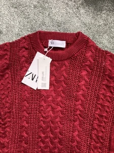 Zara Man XL Size Wine Red Stretch Cable Knit Jumper NWT - Picture 1 of 8