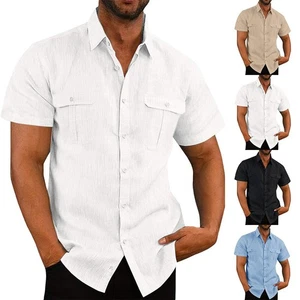 Mens Shirts Mens Tops Summer Two Pocket Beach Button Cotton Linen Blend - Picture 1 of 5