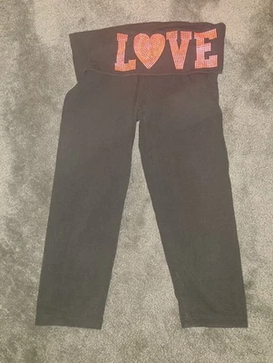 Victoria Secret Hot Pink Clear Rhinestone Fold Over Black Capri Leggings S - Image 1 of 3