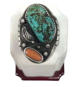 Vintage Navajo Sterling Silver Kingman Turquoise Feather Ring Size 10 - Picture 1 of 4