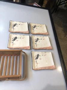Set of 5 -Vintage Japanese Speckled Handmade pottery Sushi Plates w/Basket - Picture 1 of 9