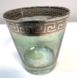 Italian Vintage Lavorato A Mano Green Glass Vase With Silver Greek Key Border De - Picture 1 of 4