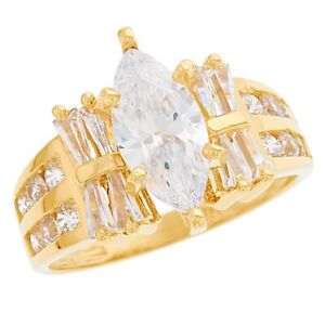 10k or 14k Yellow Gold 2.9 ct Marquise Baguette CZ Engagement Ring