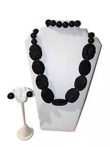 Set VTG Black Lava Stone Rock Necklace Bracelet Earrings Demi-Parure Jewelry - Picture 1 of 10