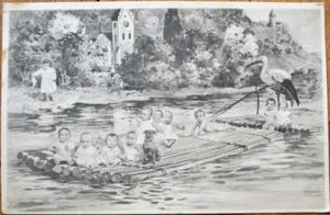 Multiple Baby 1905 Postcard: Babies in Raft w/Stork - French Fantasy - Picture 1 of 1