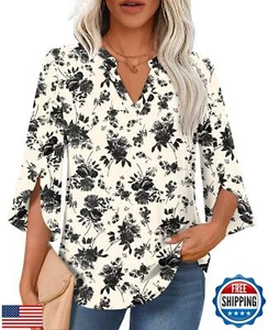 Findsweet Womens Tops Dressy Casual Summer Ruffle 3/4 Sleeve V Neck Chiffon B - Picture 1 of 5
