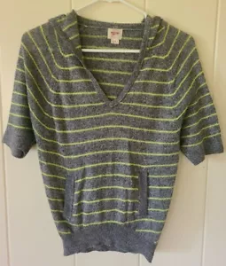 Mossimo Women S Hoodie Top SS Gray Neon Green Stripe Pullover V Neck Knit - Picture 1 of 5