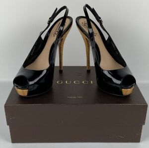 Gucci Open Toe Slingback Pump High Heels Patent Leather Black EUR 38 US Size 7.5