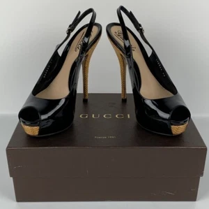 Gucci Open Toe Slingback Pump High Heels Patent Leather Black EUR 38 US Size 7.5 - Picture 1 of 9