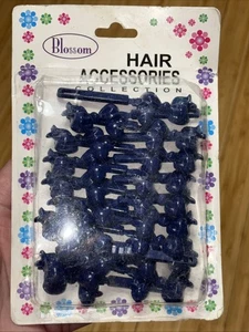NOS Vintage Plastic Snap Hair Barrettes Navy Blue Bows Blossom NIP - Picture 1 of 4